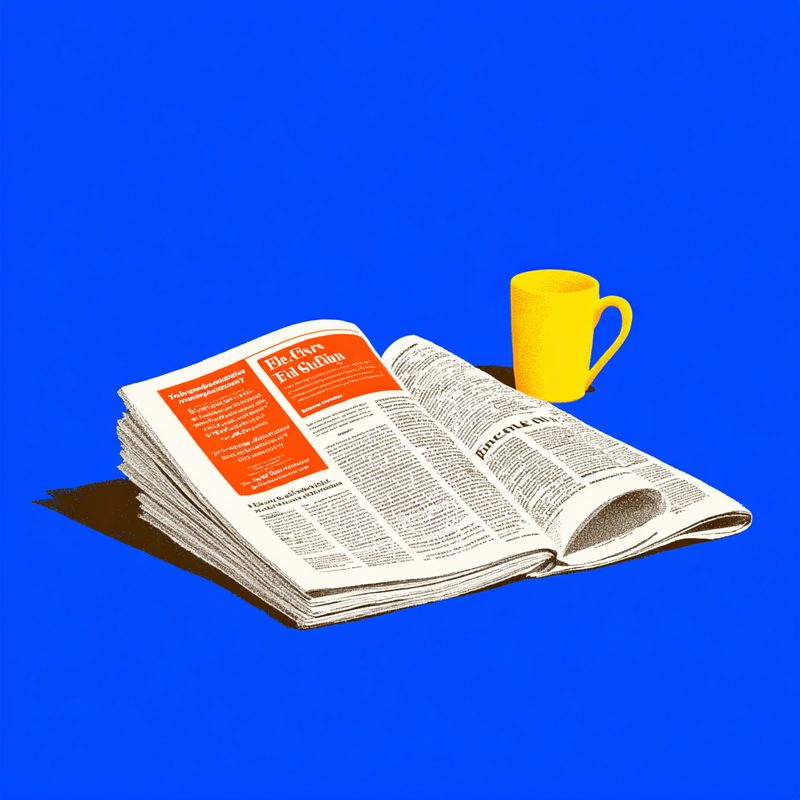 A newspaper on a blue table, the morning briefing