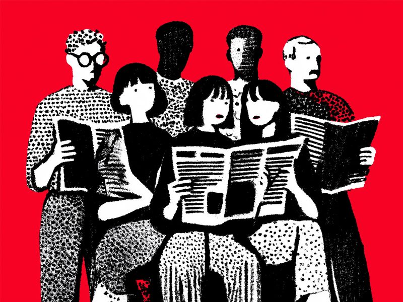 A group of people reading newspapers together