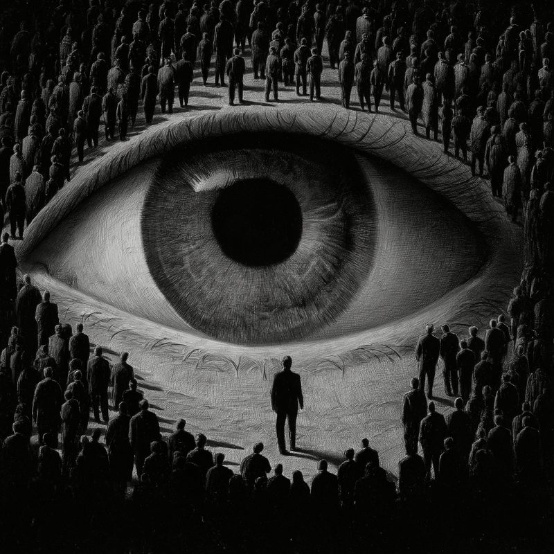A giant eye watching over a crowd